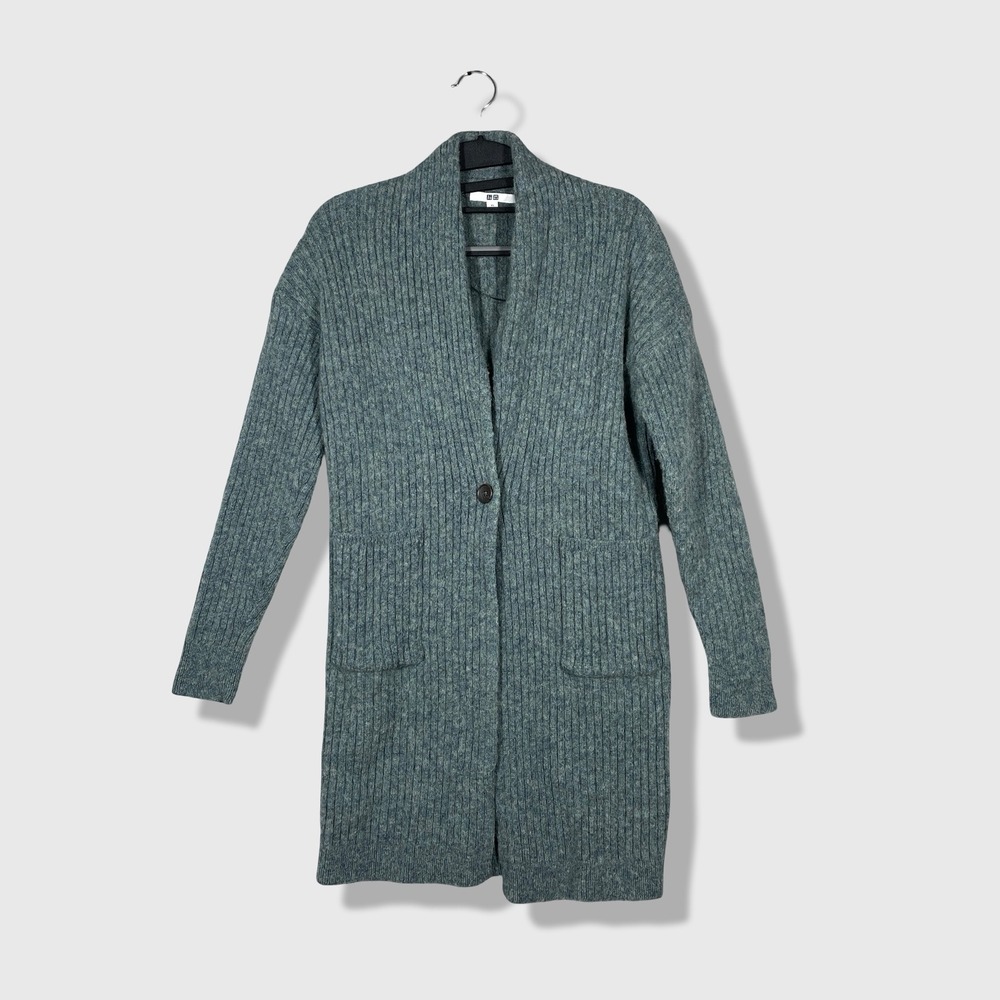 Uniqlo Ribbed Cardigan Women XS Blue Wool Knit Minimalist Chunky Long Sweater